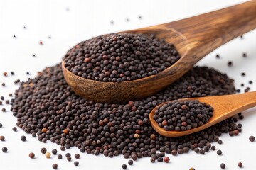 Black Mustard Seeds with Wooden Scoop on White
