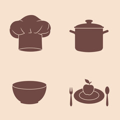Simple Cooking and Food Icons with Chef Hat Pot Bowl and Plate