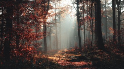 A dense forest in autumn, sunlight streaming through red and orange leaves, ground covered in mist