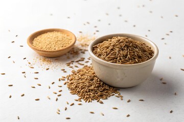 Cumin Seeds in Ceramic Bowl on White Background