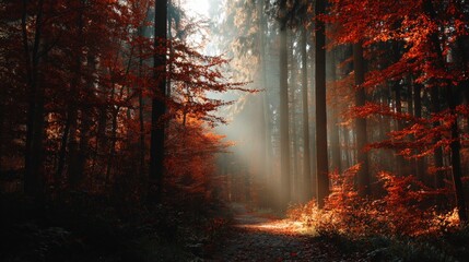A dense forest in autumn, sunlight streaming through red and orange leaves, ground covered in mist