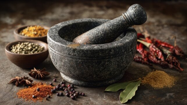 Stone Mortar and Pestle with Assorted Spices
