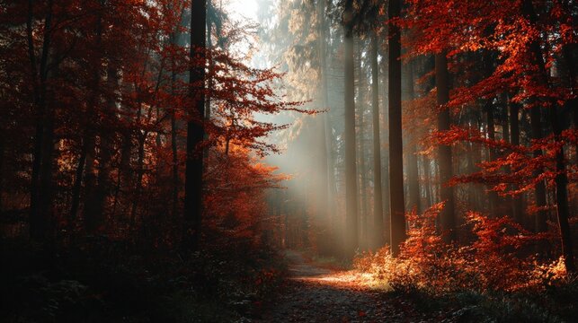 A dense forest in autumn, sunlight streaming through red and orange leaves, ground covered in mist