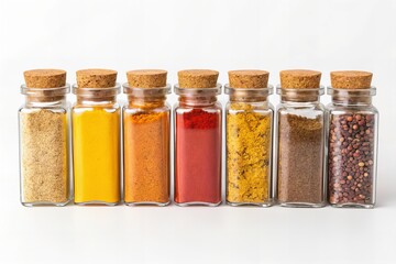 Row of Spice Jars with Ground Indian Spices on White