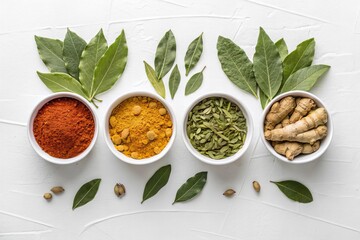 Dried Curry Leaves and Mustard Seeds on White
