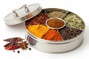 Stainless Steel Indian Masala Dabba with Colorful Spices