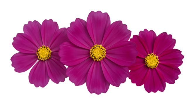 Three deep magenta cosmos flowers with yellow centers, isolated on transparent background for rich floral designs, autumn themes, and dramatic graphics.