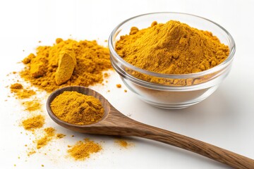 Turmeric Powder in Glass Bowl with Wooden Spoon on White Background