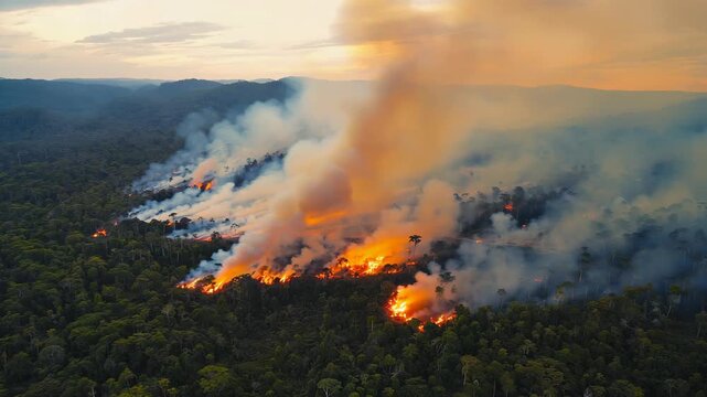 Massive wildfire engulfs tropical forest under golden sunset sky, with dark smoke clouds rising high, showing scale of environmental disaster and irreversible damage to climate and natural ecosystems