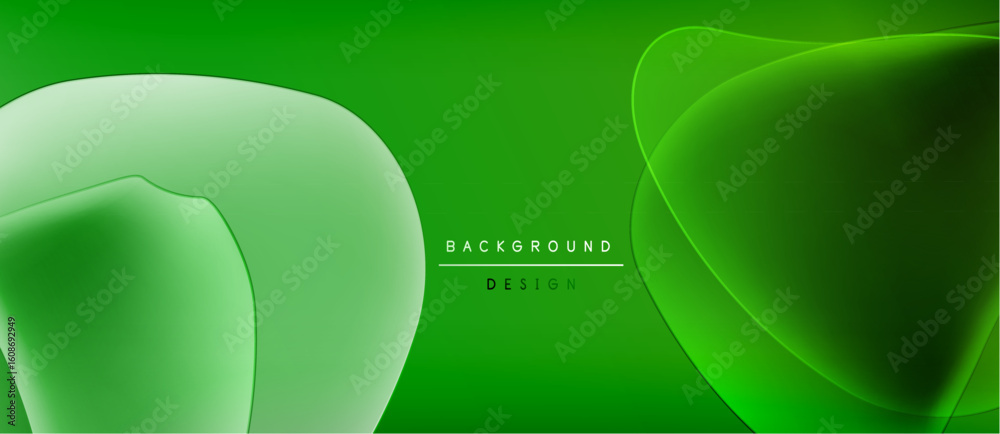 Poster Abstract green background. Overlapping fluid shapes create dynamic visual effect. Minimalist design with text elements present.