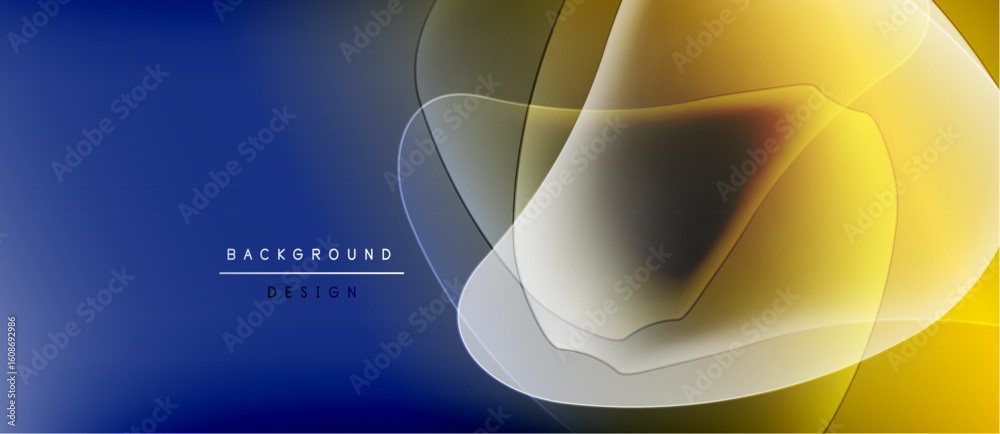 Fototapete Abstract background features flowing shapes, gradients. Blue transitions to yellow, creating dynamic visual effect. Text reads background design.