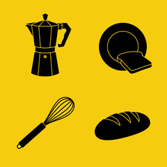 Breakfast Still Life with Coffee Maker Bread Toast and Whisk in Black