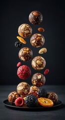 Healthy energy balls made with nuts and dried fruit suspended in air