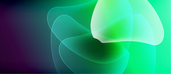Abstract fluid shapes blend, creating vibrant gradients. Colors transition from purple to green, suggesting movement, energy. Soft lighting enhances visual depth.