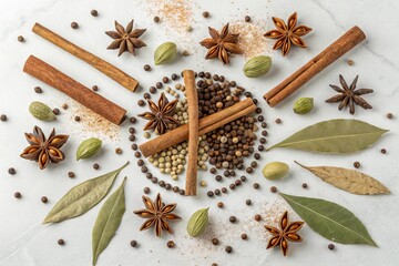 Garam Masala Raw Ingredients Arranged in Starburst on White