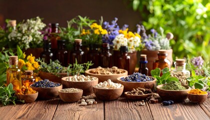 Herbal remedies on rustic wooden table