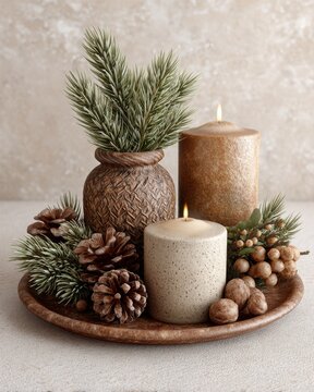 Rustic Winter Candle Arrangement with Pine Cones
