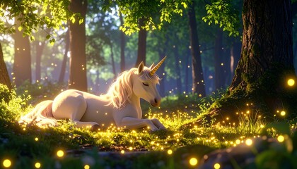 Majestic Unicorn Resting Sunlit Forest