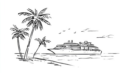Pen-and-ink sketch of a cruise ship at sea, with palm trees on a tropical beach