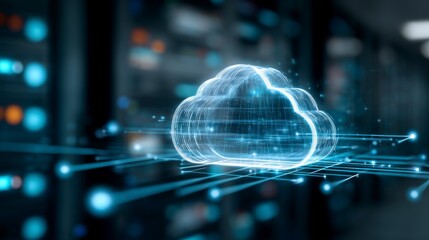 Digital art visualization of a translucent cloud icon surrounded by data streams and connecting lines, floating over a background of blurred server racks