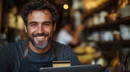 A smiling barista at a caf?, working on a laptop with a credit card in front of him.