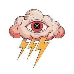 Surreal cloud with a central eye and lightning bolts underneath, blending dreamlike fantasy and sci-fi elements. Vector illustration design.