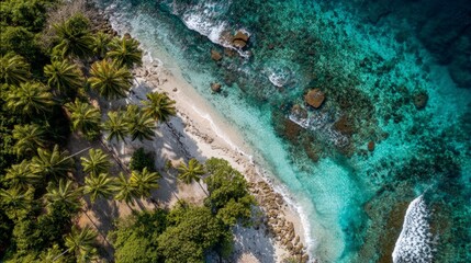 Drone aerial photograph of a tropical beach with white sand and turquoise water, gentle waves and coral reefs visible, palm trees along the shore