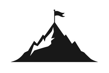 Black silhouette of mountain peak with flag on white background
