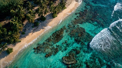Drone aerial photograph of a tropical beach with white sand and turquoise water, gentle waves and coral reefs visible, palm trees along the shore