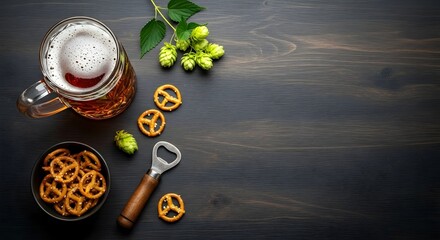 Refreshing beer mug with pretzels, hops, and bottle opener on dark wood surface
