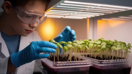 Young scientist carefully examining seedlings in controlled environment chamber