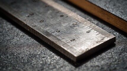 Close-up of a Weathered Metal Ruler on a Dark Surface