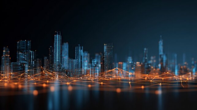 A city skyline at night with glowing neon network lines linking buildings, digital connectivity concept