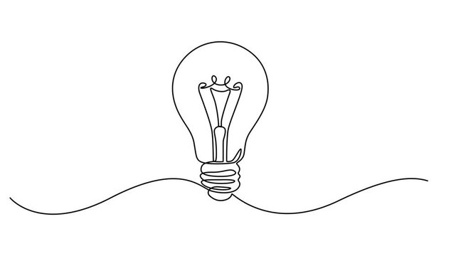 Light bulb, idea concept. Continuous line self drawing animation. White background, Lightbulb continuous line drawing animated video. Electric lamp animation, Light bulb. Continuous one line drawing