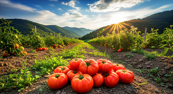 Fresh ripe tomatoes are stacked on the ground between rows in a large tomato field. AI-Generated