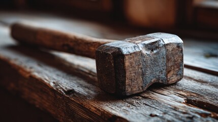 Aged Wooden Hammer on Rustic Workbench