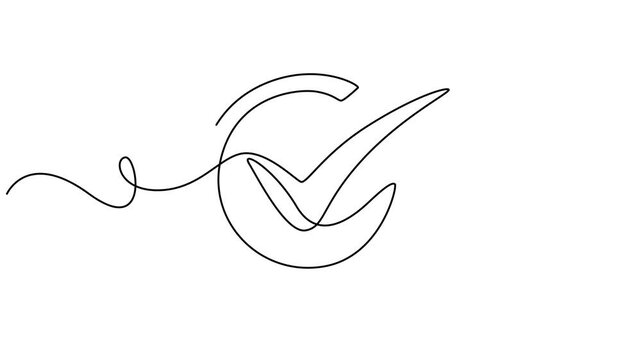 Video. Check mark continuous line art drawing. Tick one line icon. Animation on white background 4K, checkmark animation continuous one line drawing, Animation of a single line drawing of a checkmark.