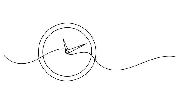 clock animation continuous one line drawing, Animated self drawing of continuous line draw of clock on a white background. Save your time concept. Black thin line of the hands with clock. Full length