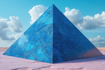 A large blue pyramid set against a sky filled with fluffy clouds on a pink surface.