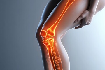 A digital illustration of a human knee joint highlighting its anatomy in glowing detail.