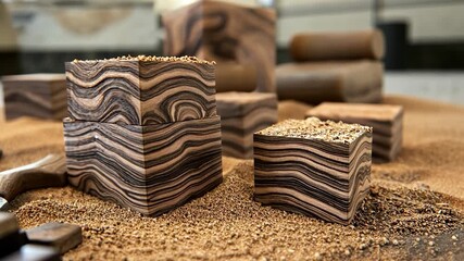 Dark wood blocks, layered design, on sandy surface