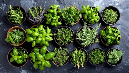 Overhead shot of various fresh herbs in small brown pots arranged on a dark surface