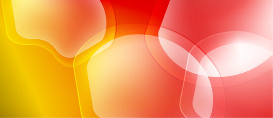Abstract background features flowing shapes, warm colors. Yellow blends into orange, then red. Soft gradients create depth, visual interest.