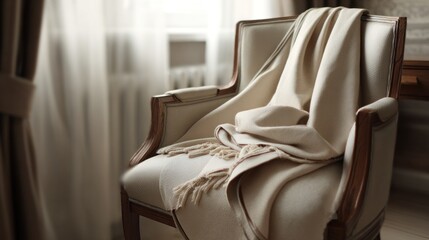 Elegant Beige Throw Blanket Draped on an Antique Chair