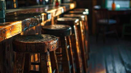 Bar stools lined up, ready for patrons. AI.