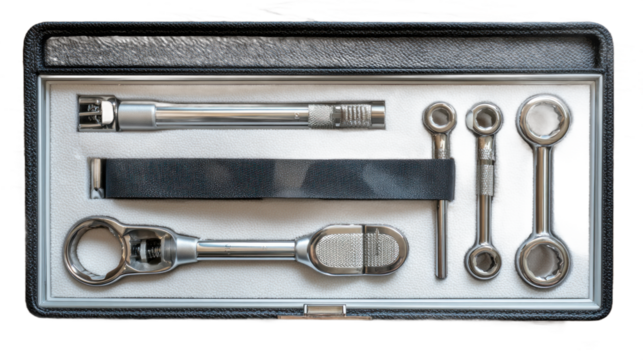 Assortment of metal tools in case