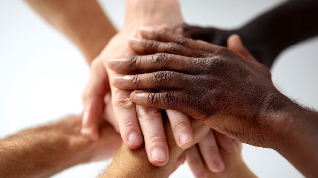 Multi-ethnic hands joining together in a circle, diverse skin tones, teamwork concept on a white background