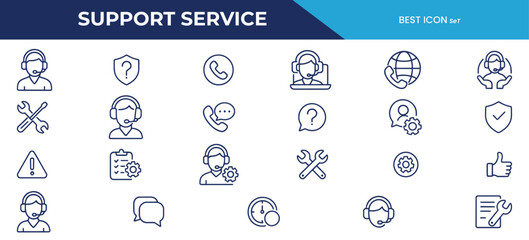 Support Service Line Icons – Help Desk, Technical Assistance, Customer Care & Communication Vector Set