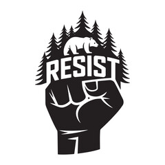 Bold resist fist graphic with forest and bear silhouette, representing unity and nature protection. Vector illustration design.