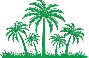 Fototapeta premium Five Green Palm Trees and Grass Illustration tropical